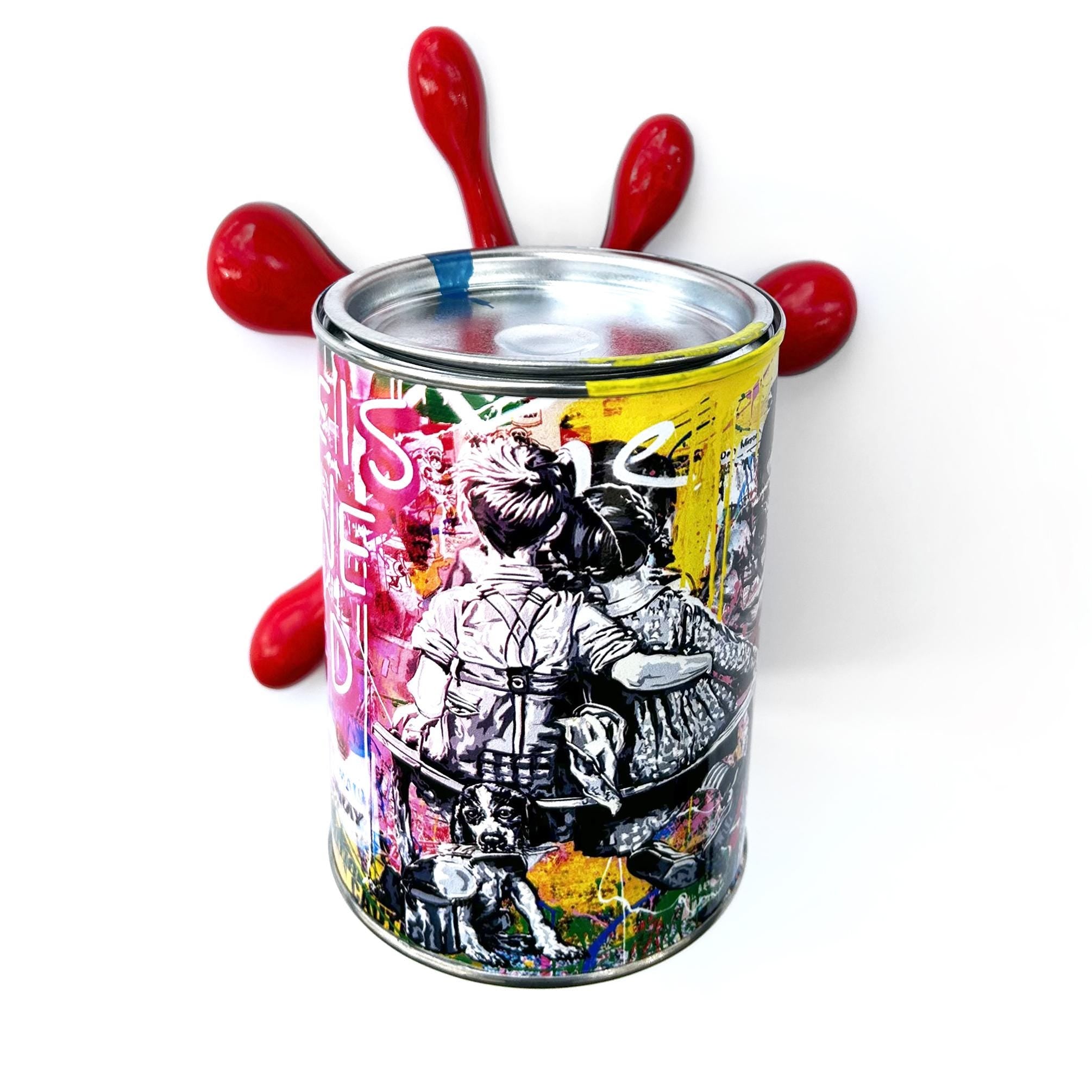 Brainwaing Love is all we need Graffiti Paint can Sculpture with Plastic Splash