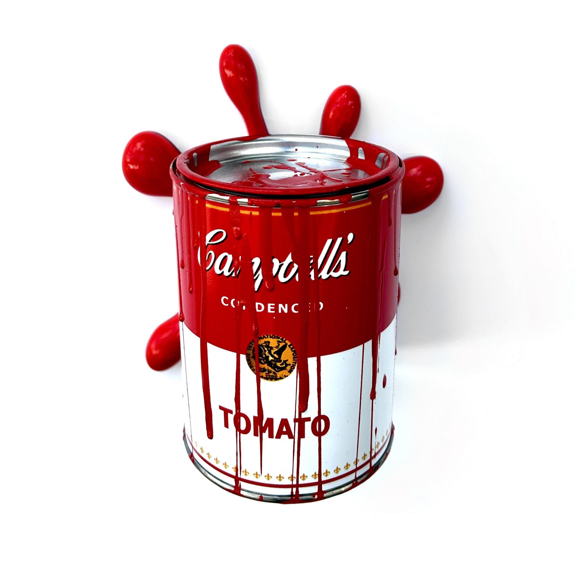 Brainwaing Tomato Soup Graffiti Paint can Sculpture with Plastic Splash