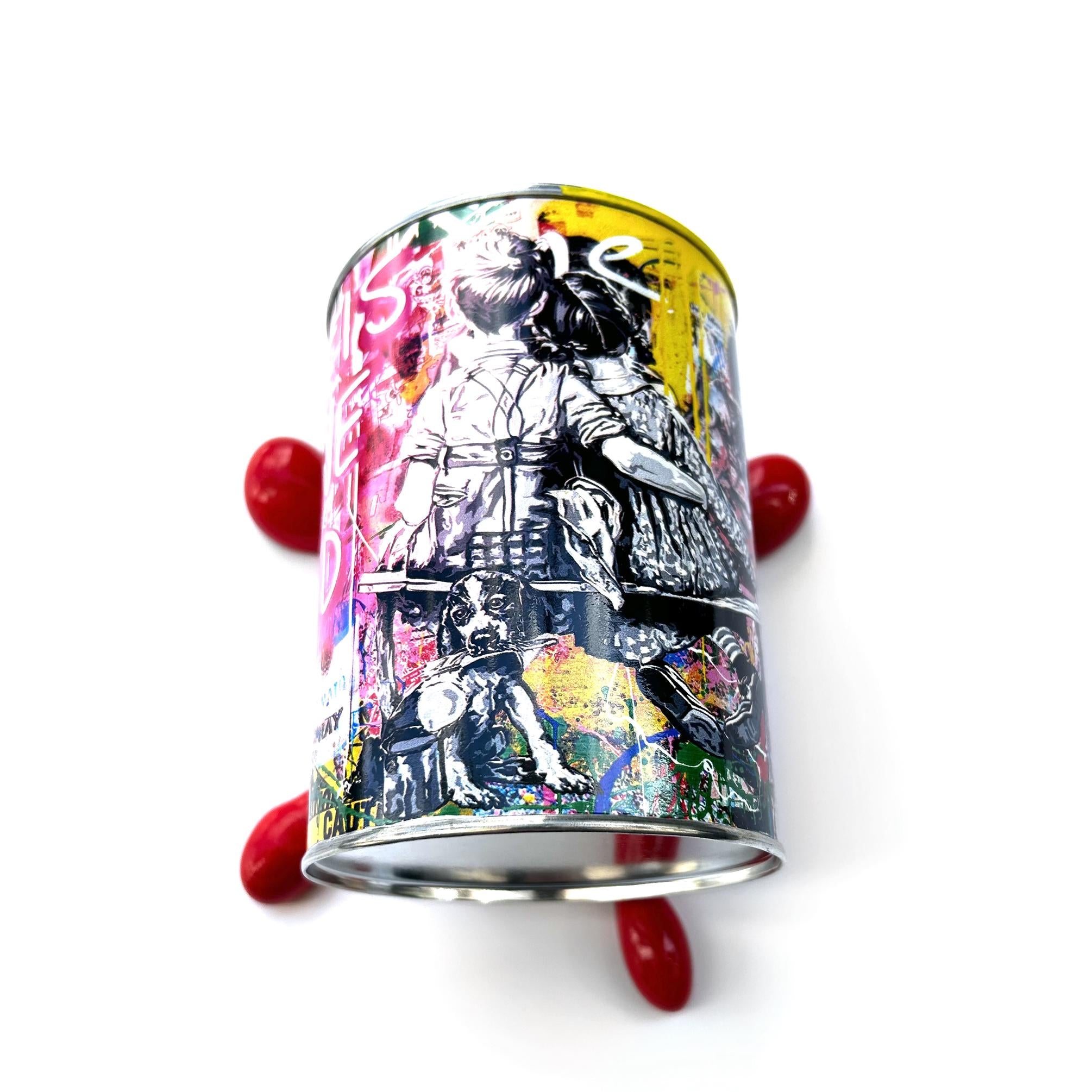 Brainwaing Love is all we need Graffiti Paint can Sculpture with Plastic Splash