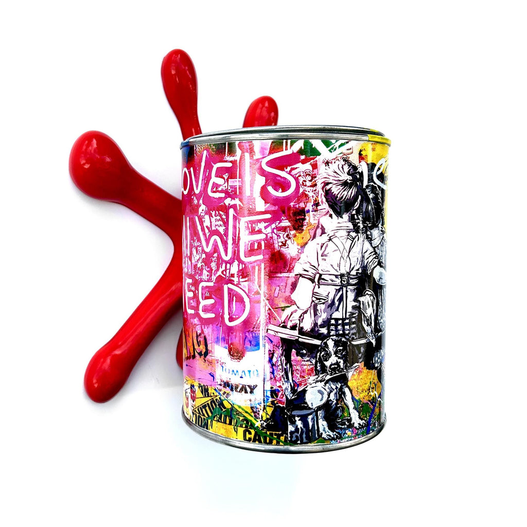 Brainwaing Love is all we need Graffiti Paint can Sculpture with Plastic Splash