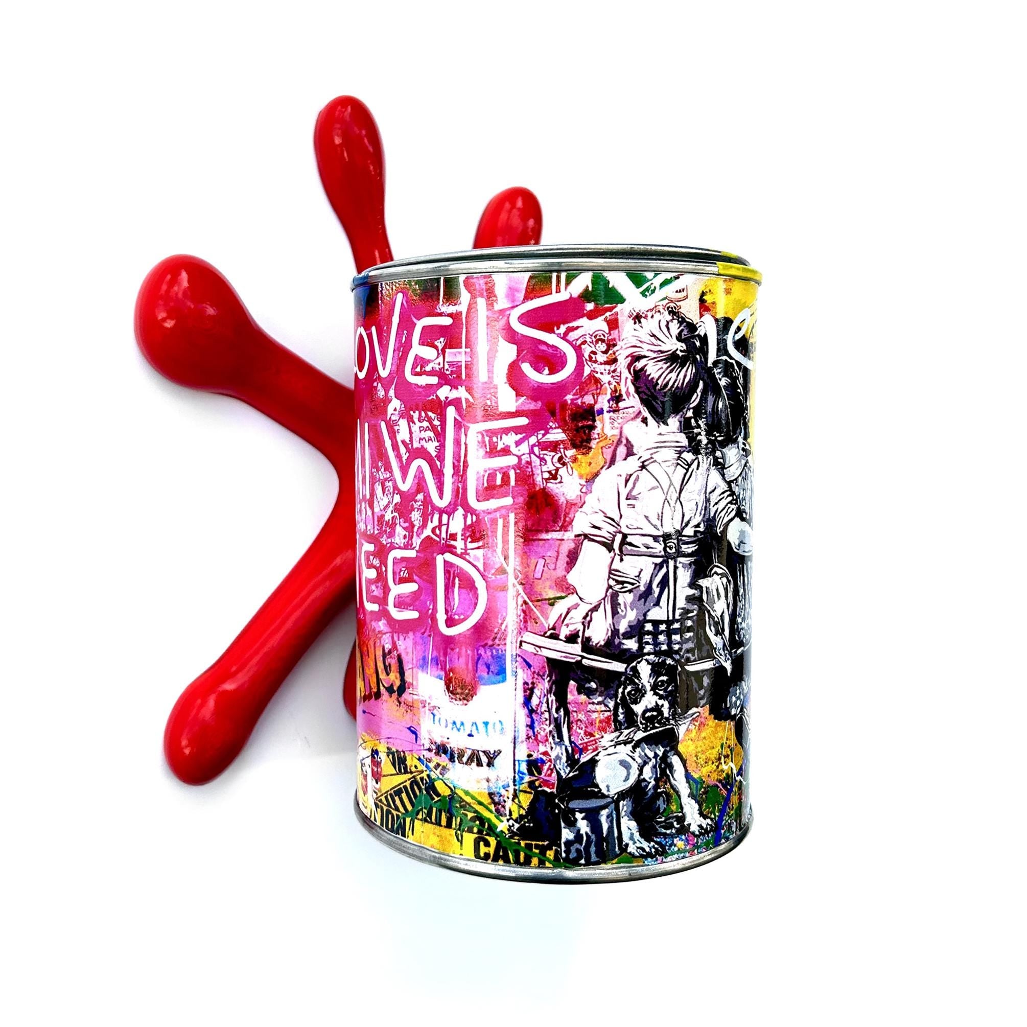 Brainwaing Love is all we need Graffiti Paint can Sculpture with Plastic Splash