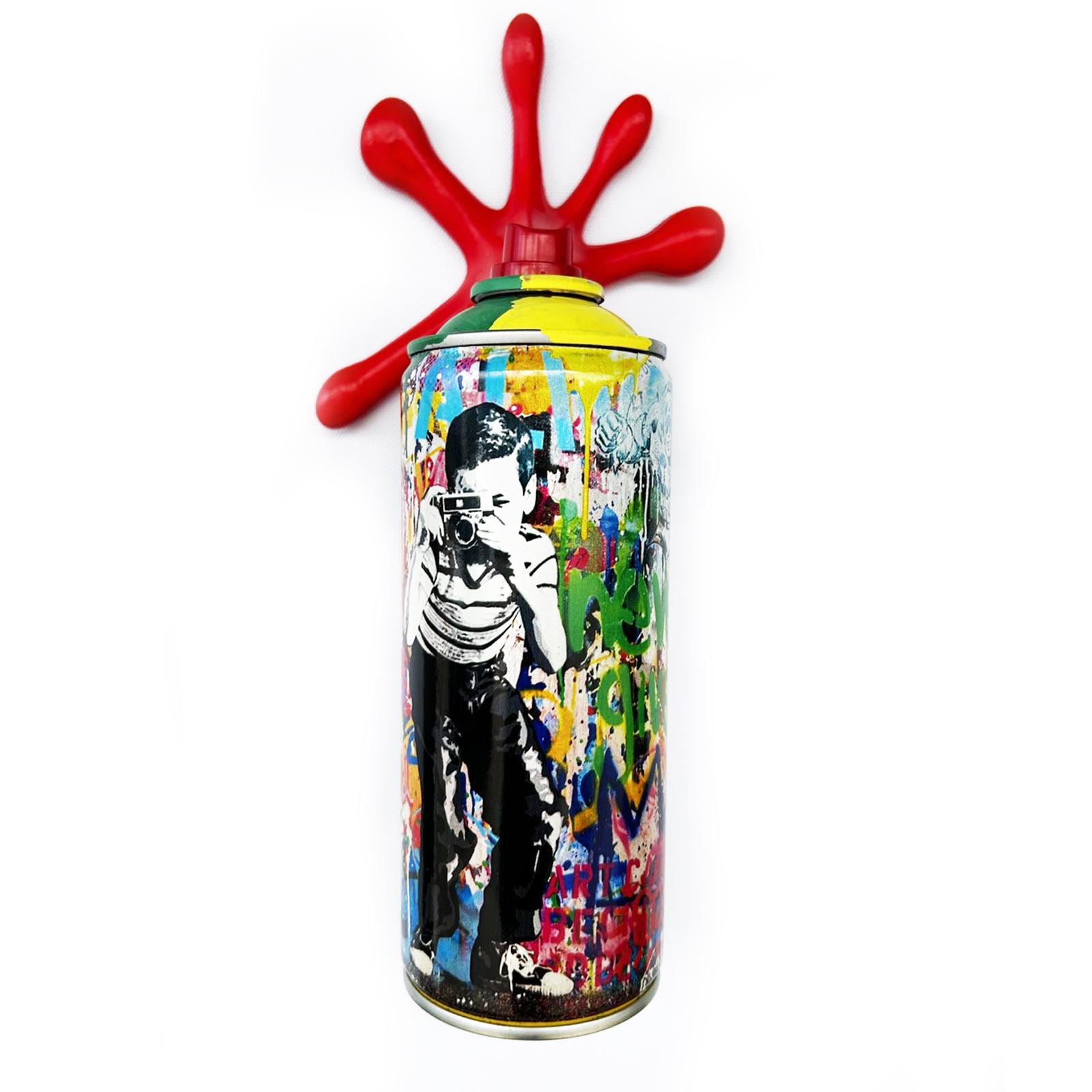 Photographer boy Torn Spray Graffiti Torn Spraycan Sculpture with Plastic Splash